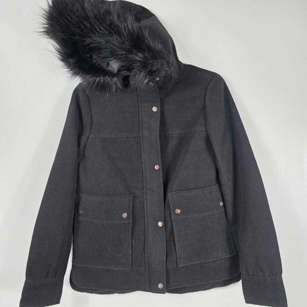 Stradivarius Womens Black Faux‎ Fur Hooded Parka Jacket Coat 5020/762/453 Size S